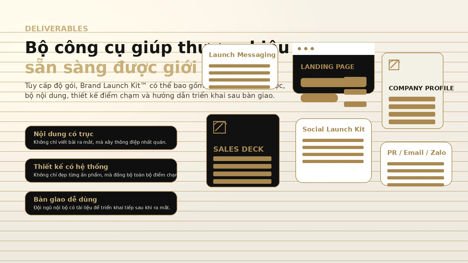 Các đầu ra bàn giao của Brand Launch Kit gồm launch messaging, landing page, profile, sales deck và social launch kit