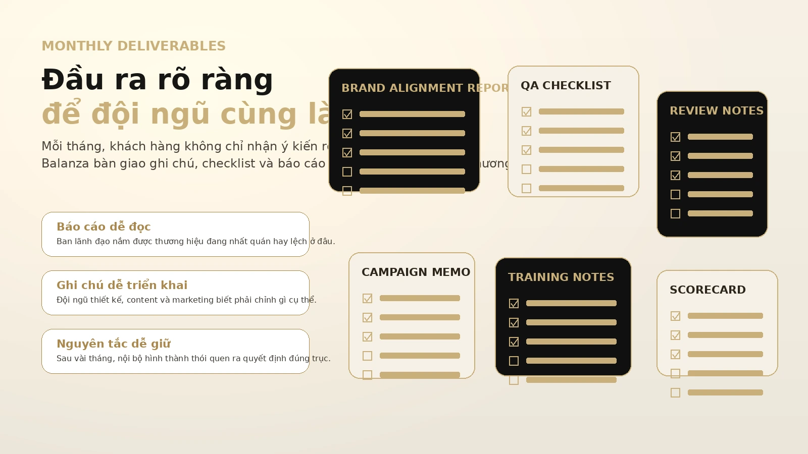 Báo cáo và checklist bàn giao hằng tháng của Brand Guardian Retainer
