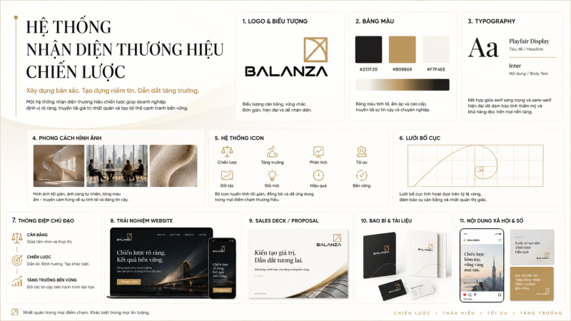 Các thành phần của hệ thống nhận diện thương hiệu chiến lược gồm logo màu sắc typography hình ảnh và ứng dụng