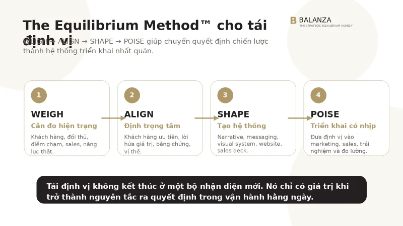 Quy trình WEIGH ALIGN SHAPE POISE cho tái định vị thương hiệu