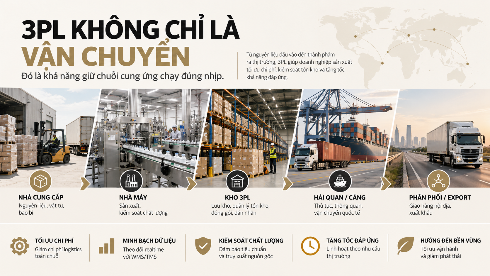 Chuỗi cung ứng 3PL từ nhà cung cấp, nhà máy, kho 3PL, hải quan cảng đến phân phối và xuất khẩu