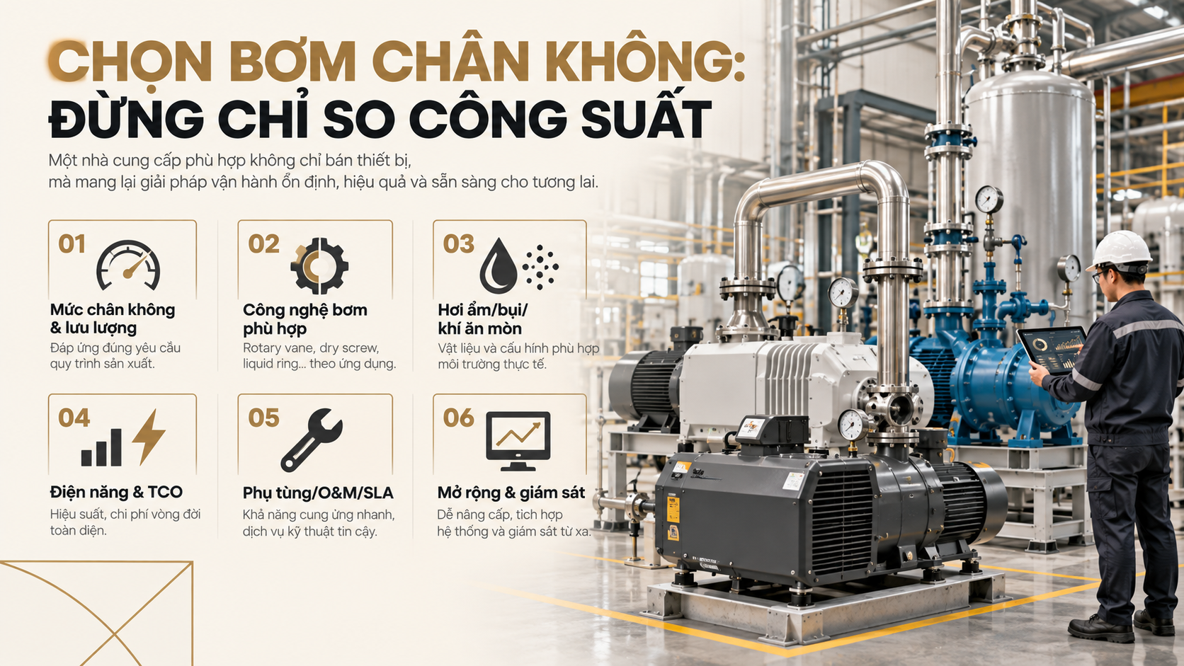 Hướng dẫn chọn bơm chân không công nghiệp theo mức chân không, lưu lượng, công nghệ, hơi ẩm bụi, năng lượng, O&M và khả năng mở rộng
