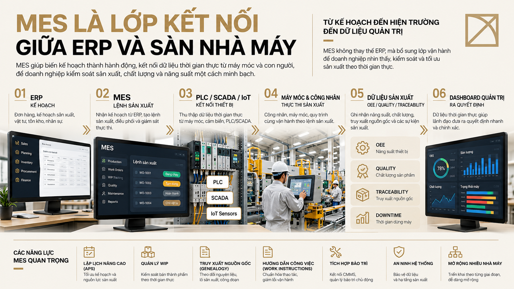 MES là lớp kết nối giữa ERP và sàn nhà máy, liên kết kế hoạch sản xuất với PLC SCADA IoT và dữ liệu vận hành