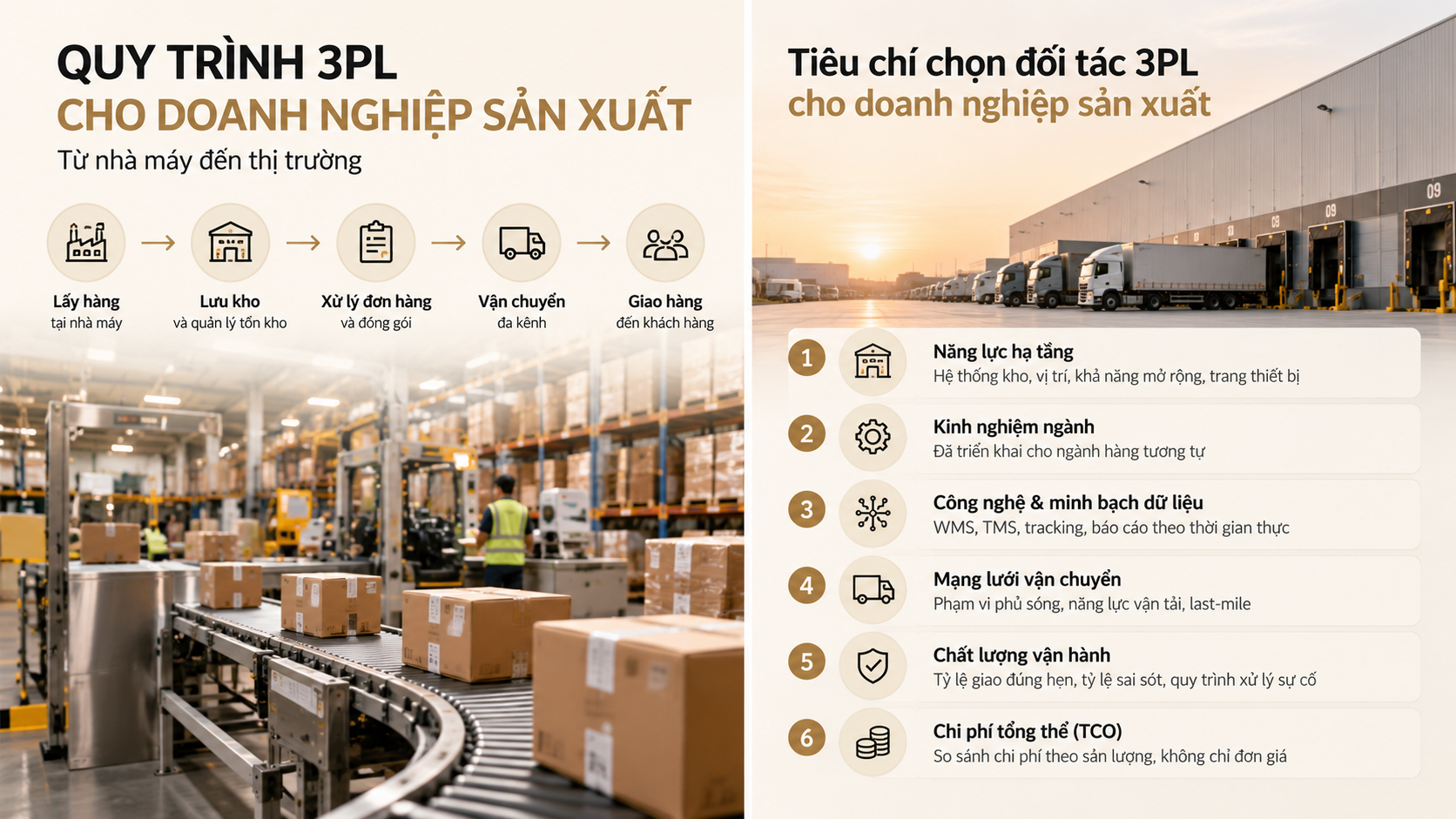 Quy trình 3PL cho doanh nghiệp sản xuất từ nhận hàng, lưu kho, xử lý đơn đến vận chuyển và giao hàng