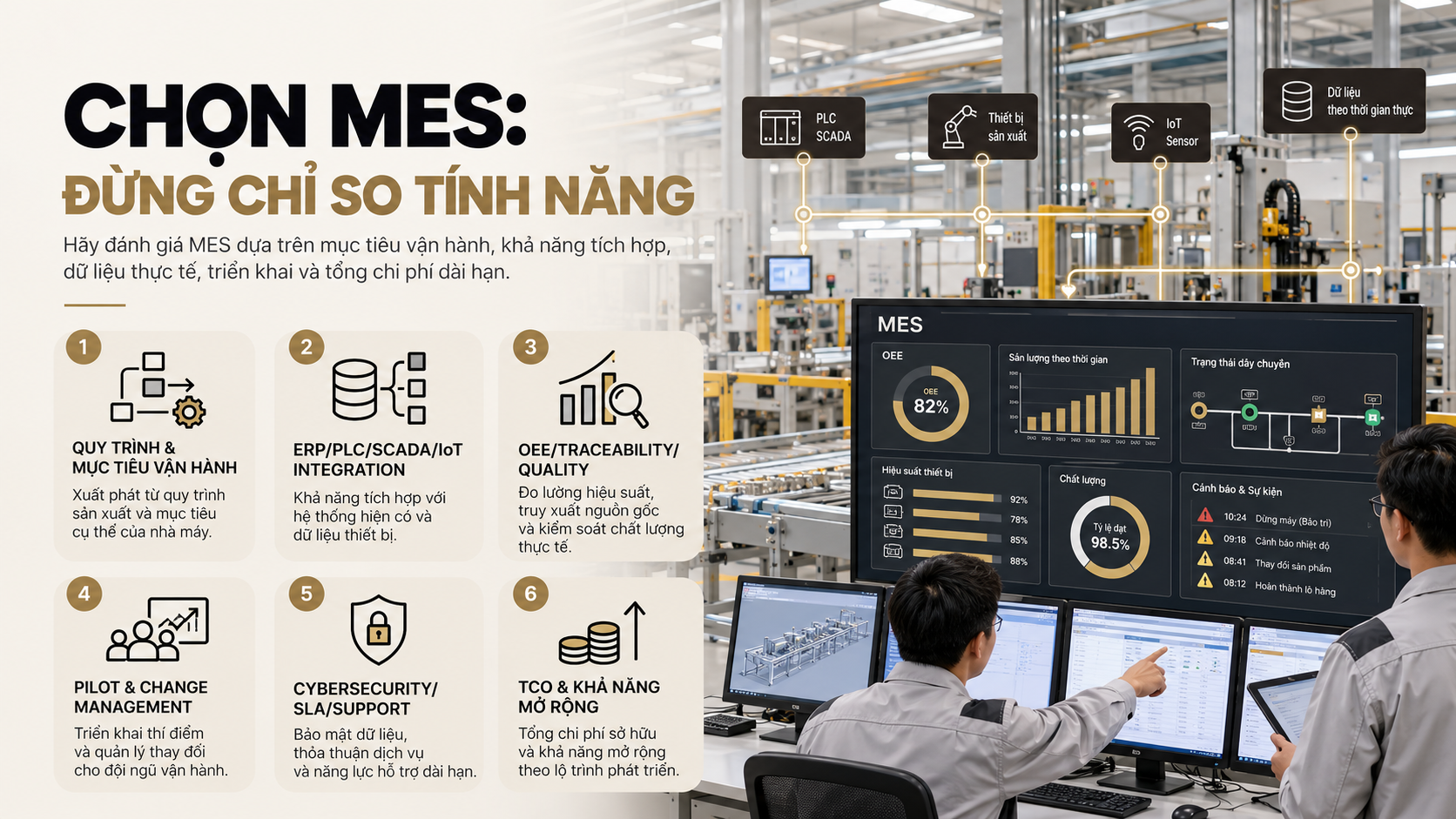 Tiêu chí chọn hệ thống MES trong nhà máy thông minh theo quy trình, ERP PLC SCADA integration, OEE, traceability, security và TCO