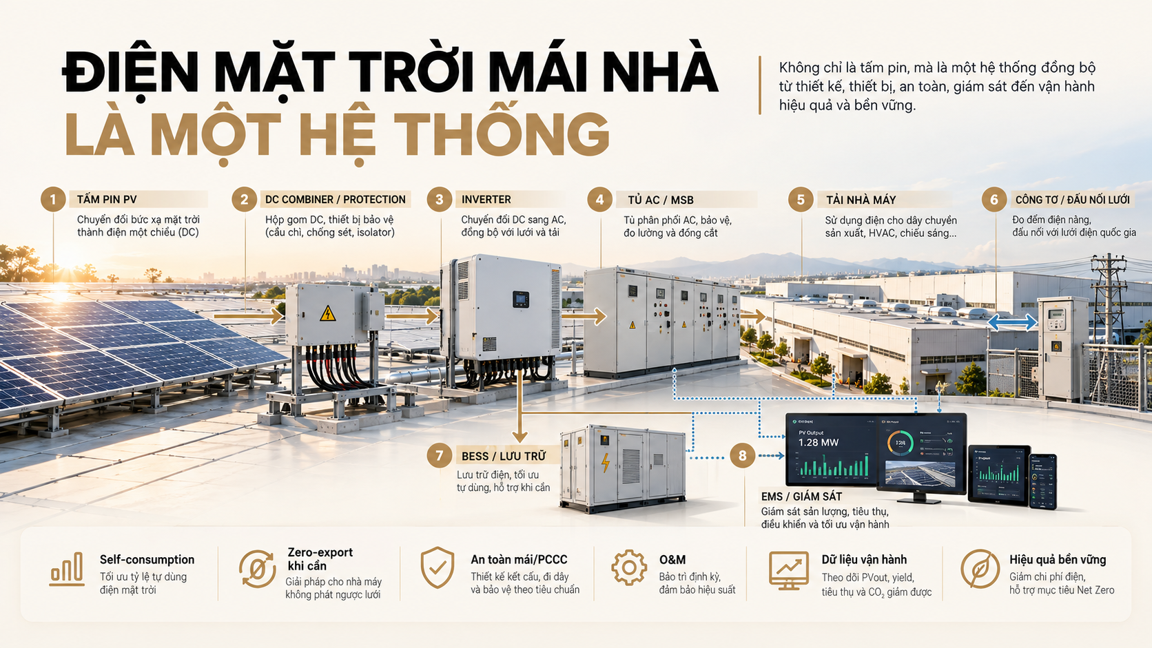 Sơ đồ hệ thống điện mặt trời mái nhà nhà máy gồm tấm pin, inverter, tủ AC, BESS, EMS và đấu nối lưới