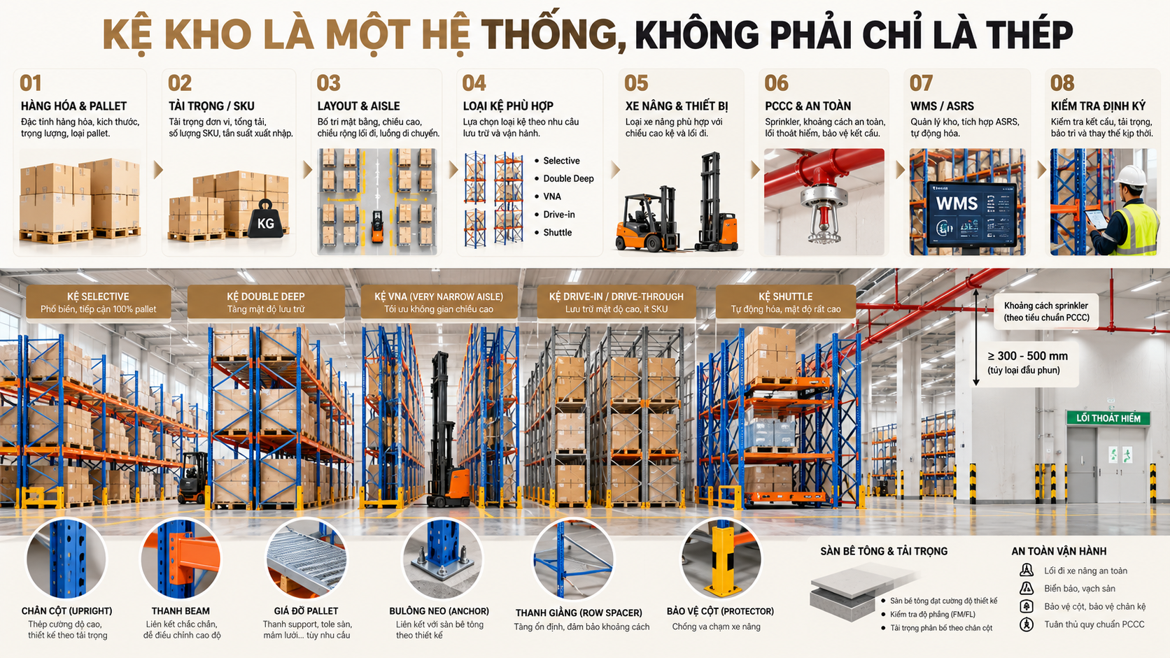 Hệ thống kệ kho công nghiệp từ pallet, tải trọng, layout, xe nâng, PCCC đến WMS và ASRS