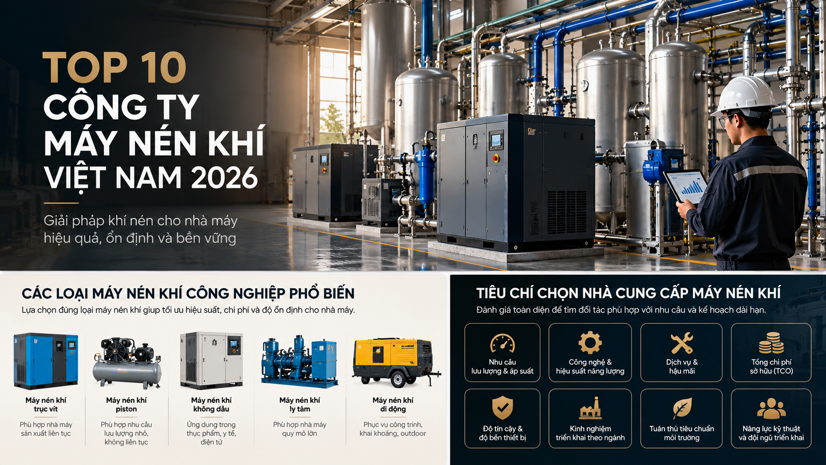 Hệ thống khí nén công nghiệp gồm máy nén khí, bình tích, máy sấy, bộ lọc và hệ thống phân phối khí trong nhà máy