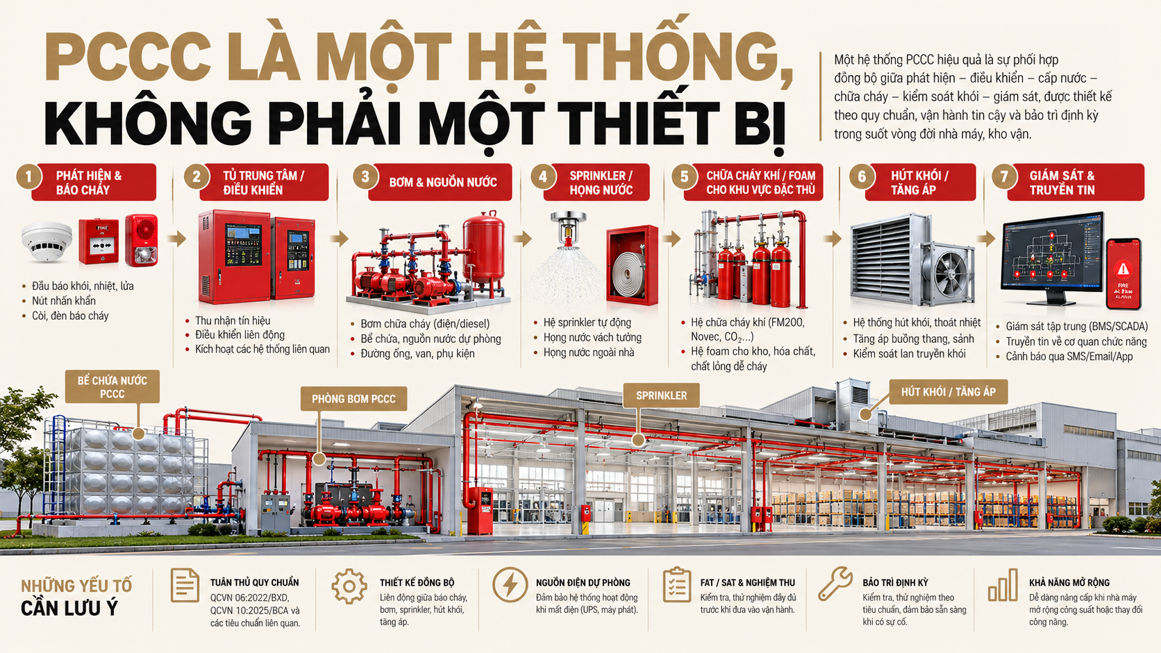 Sơ đồ hệ thống PCCC công nghiệp gồm báo cháy, trung tâm điều khiển, bơm, sprinkler, chữa cháy khí, hút khói và giám sát