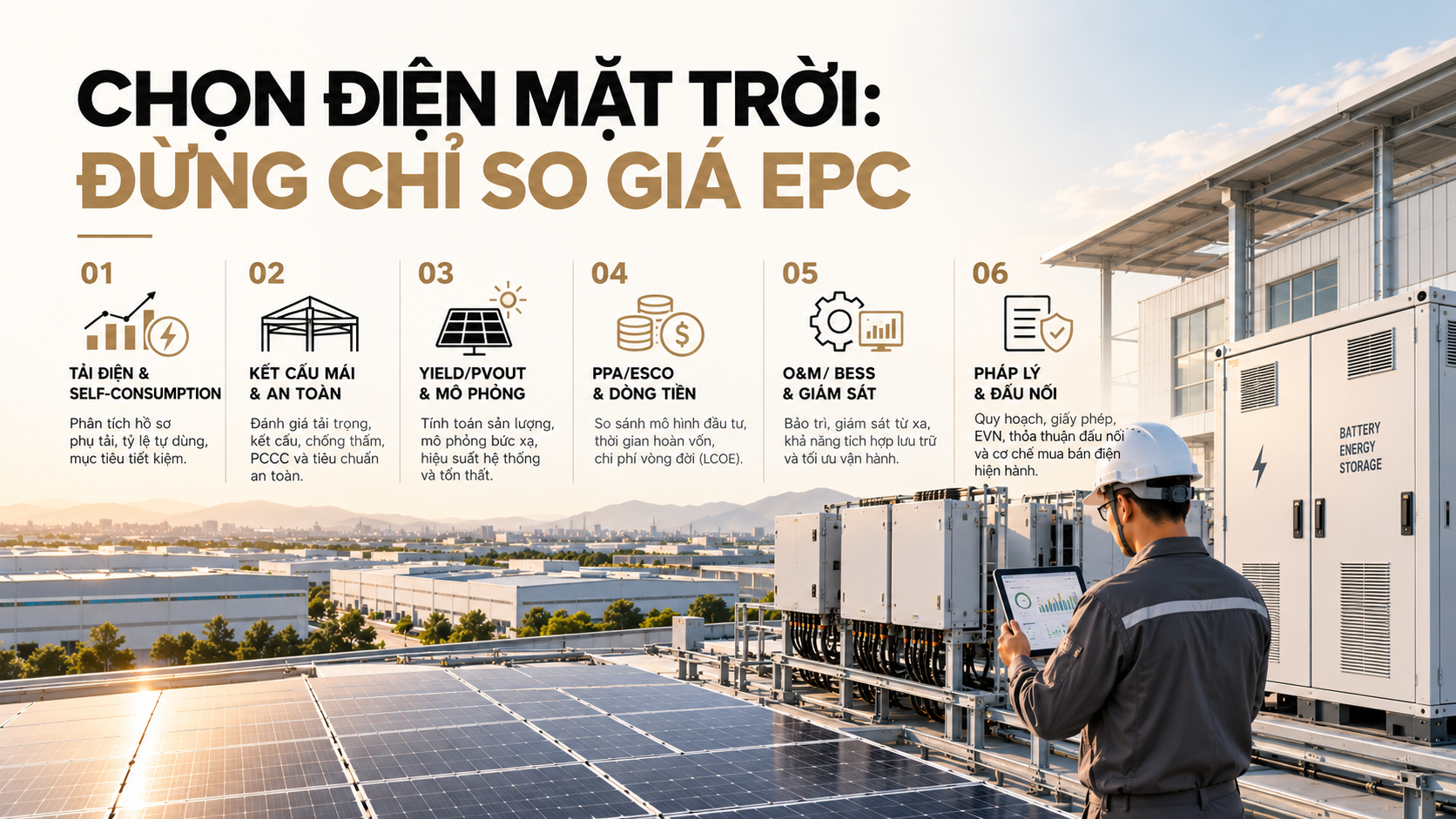 Tiêu chí chọn công ty điện mặt trời mái nhà theo phụ tải, kết cấu mái, yield, PPA, BESS, O&M và pháp lý