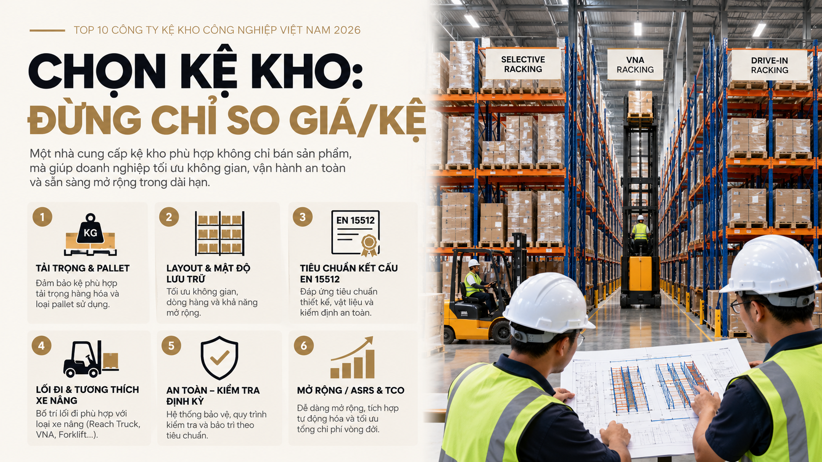 Tiêu chí chọn công ty kệ kho công nghiệp theo tải trọng, layout, tiêu chuẩn kết cấu, xe nâng, an toàn và TCO