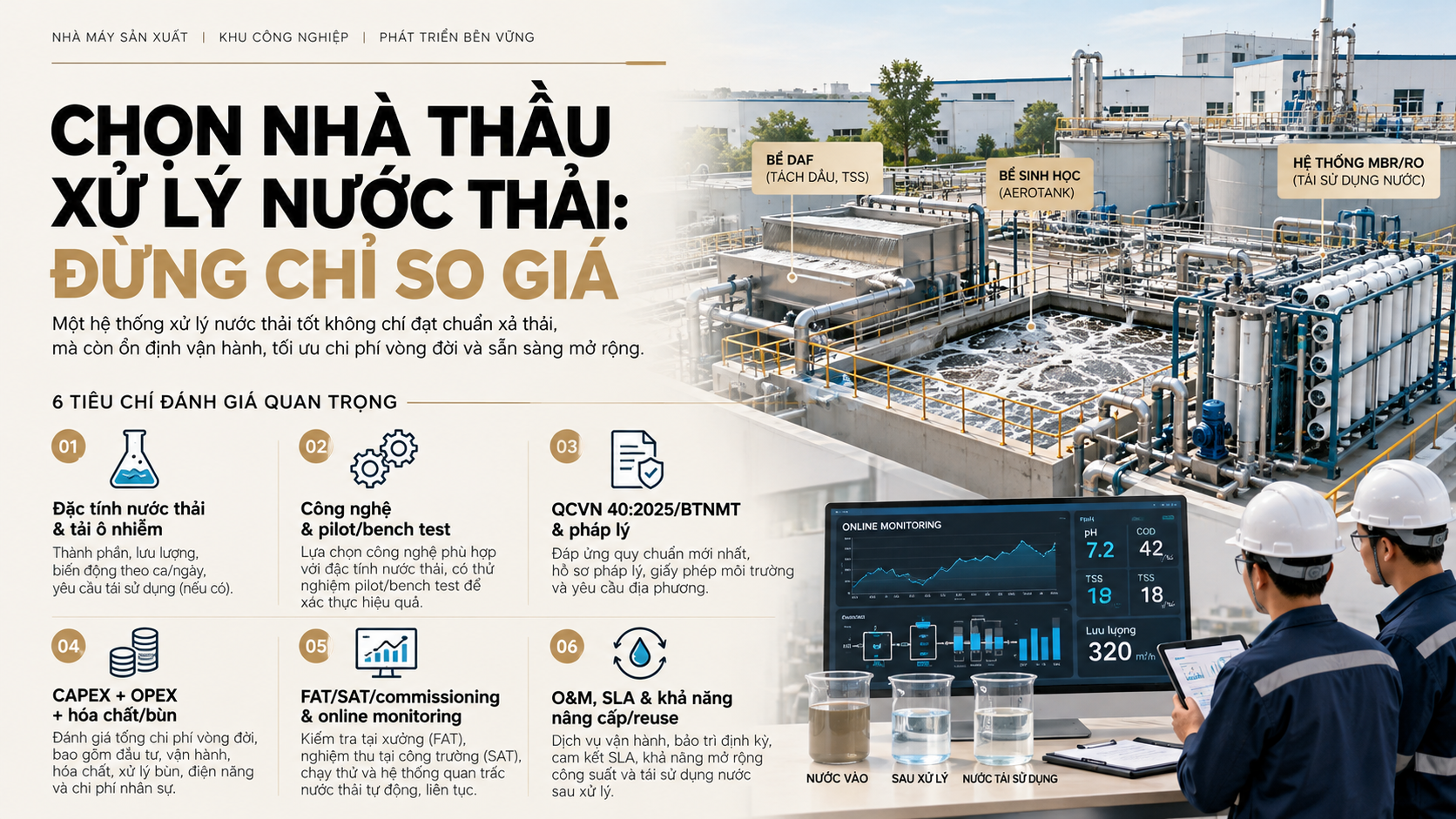 Tiêu chí lựa chọn công ty xử lý nước thải công nghiệp theo QCVN, công nghệ, CAPEX OPEX, commissioning và O&M