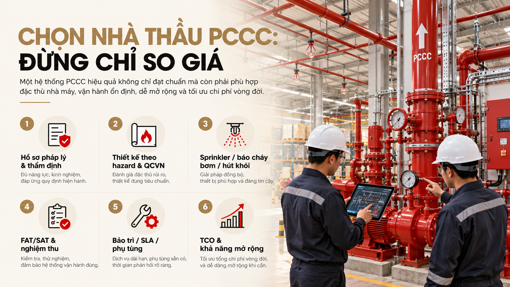 Tiêu chí chọn nhà thầu PCCC công nghiệp theo pháp lý, hazard, hệ thống, nghiệm thu, bảo trì và TCO